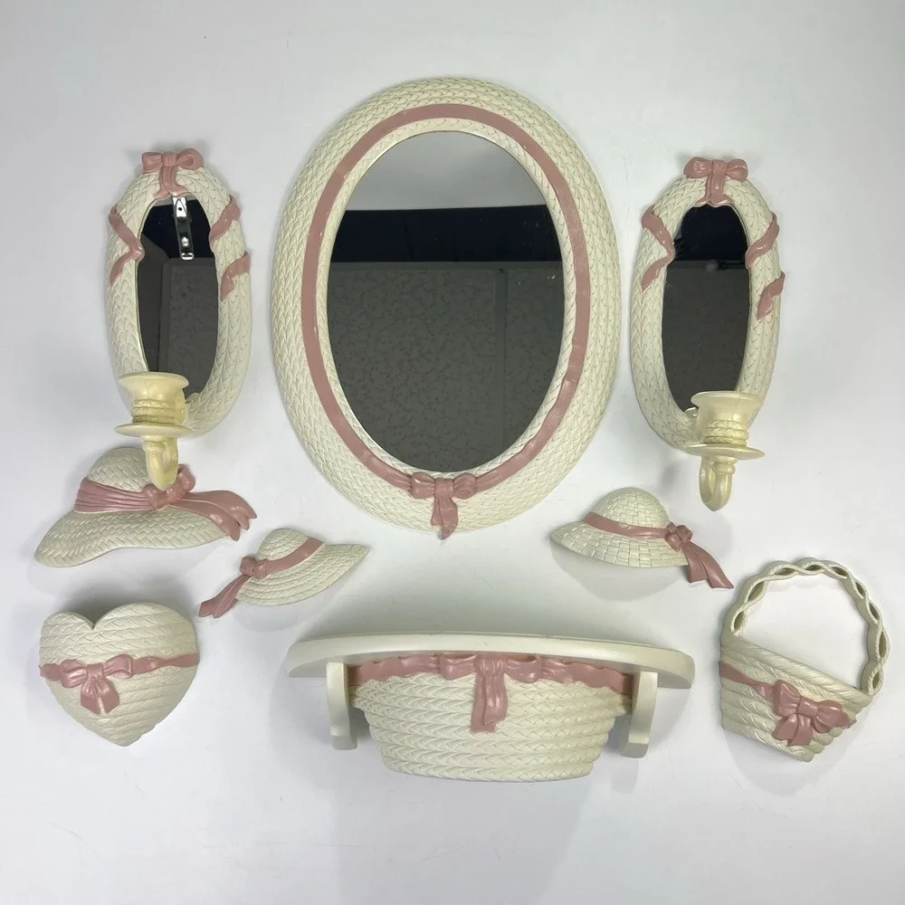 Vtg 90's Burwood Wall Decor 9pc Set White Pink Bows Faux Wicker Mirrors *Flaws*
